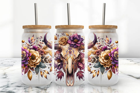 16oz UV DTF Wrap - Purple Floral Steer Skull
