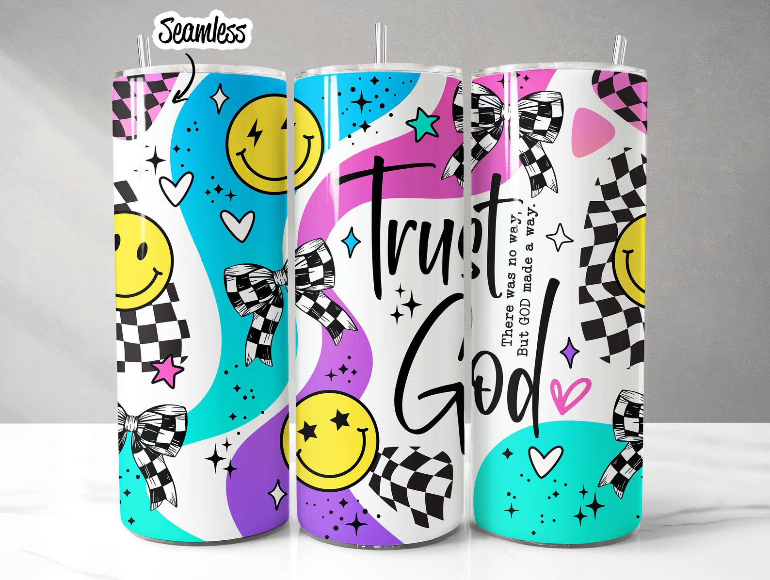 Skinny Tumbler Sublimation Wrap - Trust God Checkered Smiley