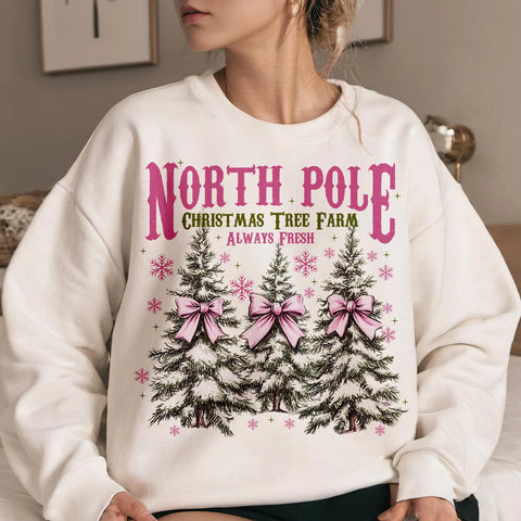 DTF Full Color Transfer - North Pole Christmas Tree Farm Pink Bows