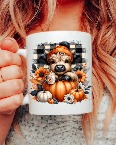 UV DTF Decal - Fall Check Highland Cow Pumpkins