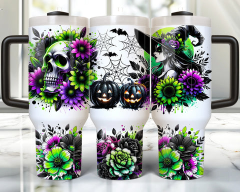 40oz UV DTF Full Top & Bottom Wrap - Neon Green & Purple Skull Witch