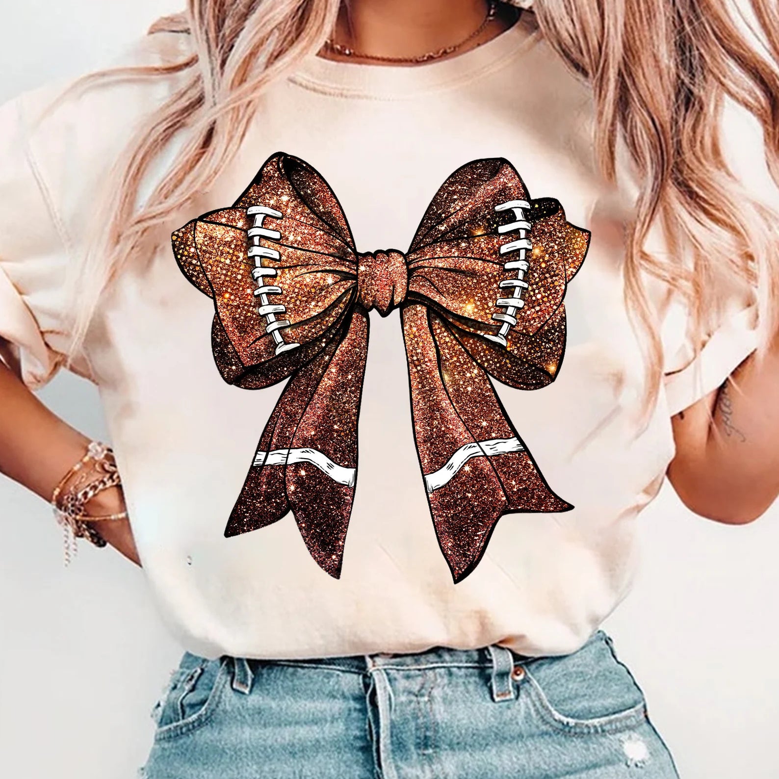 DTF Full Color Transfer - Faux Glitter Football Bow