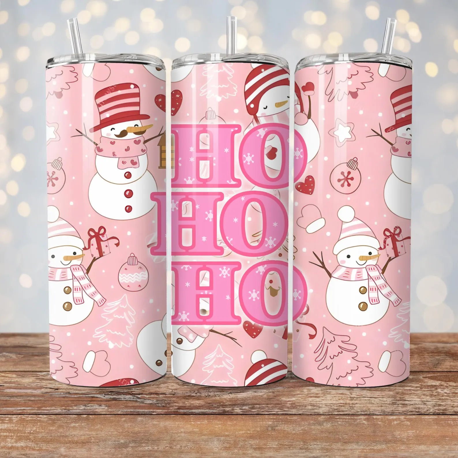 Ho Ho Ho Pink Snowmen - 1 16oz Skinny Tumbler Sublimation Wrap