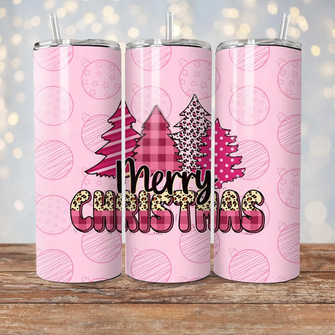 Merry CHristmas Pink Leopard Plaid - 1 16oz Skinny Tumbler Sublimation Wrap