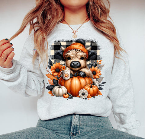 DTF Full Color Transfer - Fall Plaid Highland Cow Pumpkins