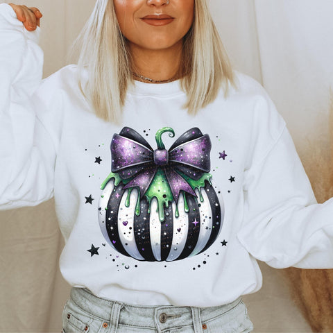 DTF Full Color Transfer - Striped Pumpkin Purple Bow