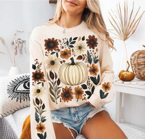 DTF Full Color Transfer - Fall Floral Pumpkin - FREE SLEEVE!