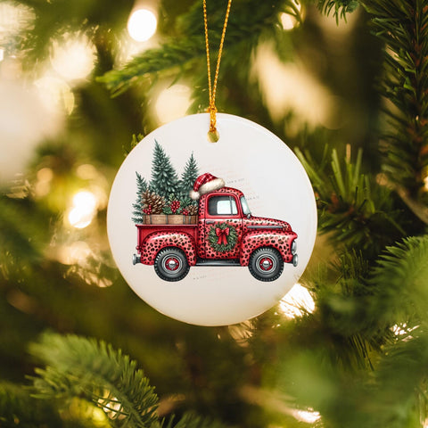 3" Ornament UV DTF Decal - Red Truck w/Tree & Hat