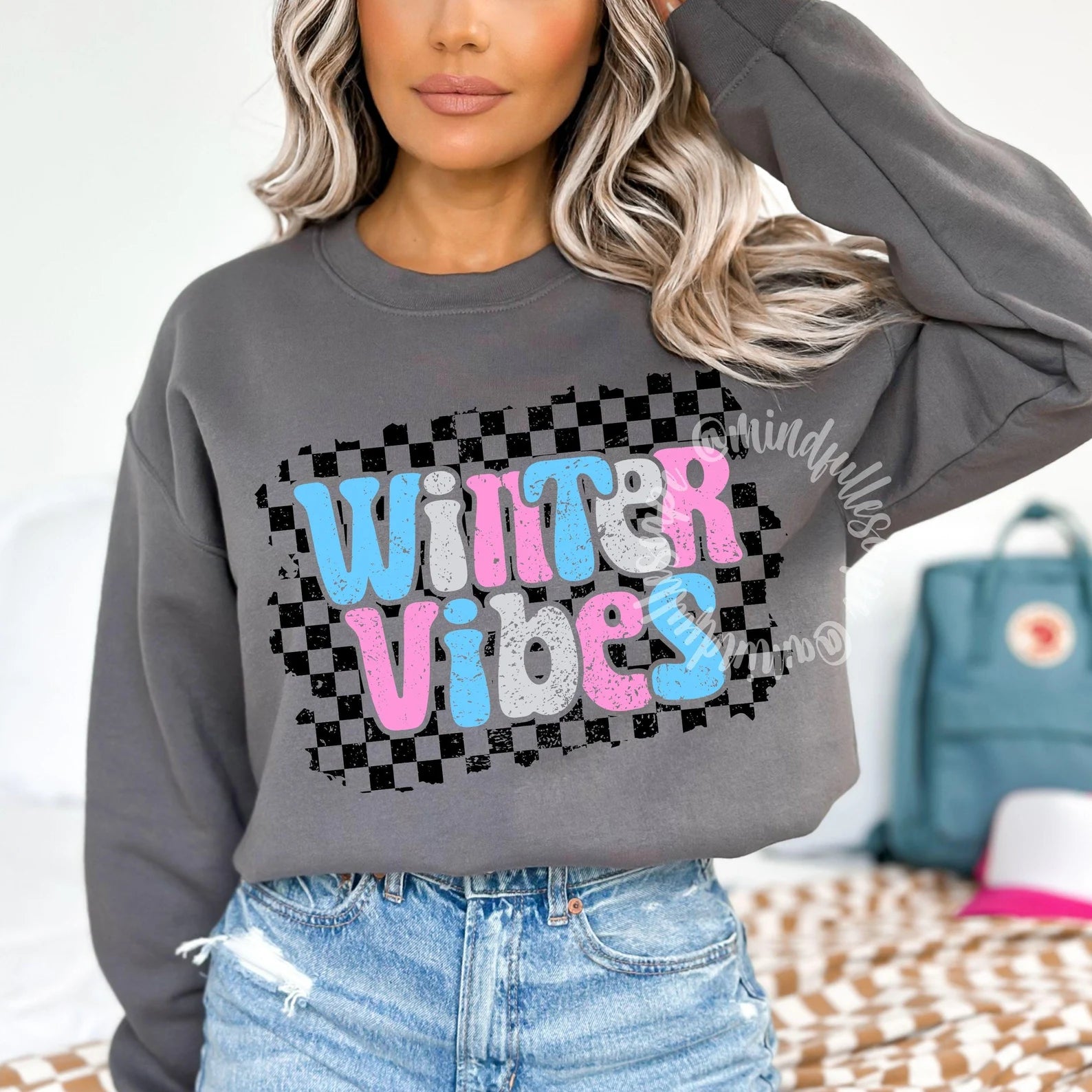 DTF Full Color TShirt Transfer - Winter Vibes Pink Blue Letters