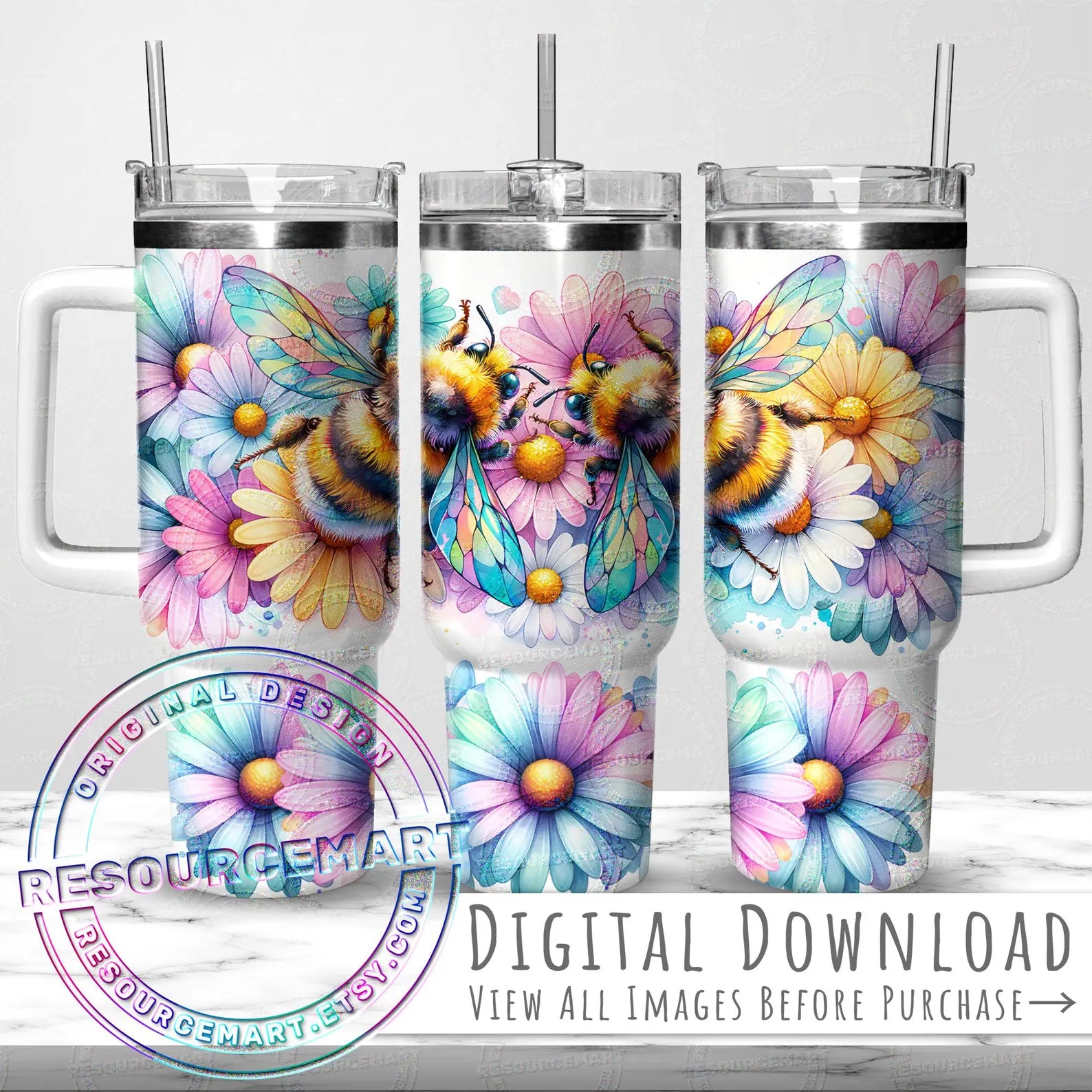 40oz UV DTF Full Top & Bottom Wrap - Bright Flower Bees