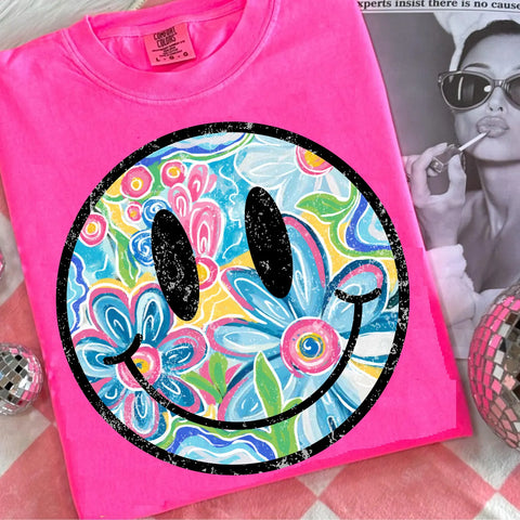 DTF Full Color Transfer - Big Bright Blue Flower Smiley