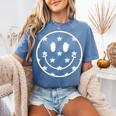 DTF Full Color Transfer - Blue Stars Smiley