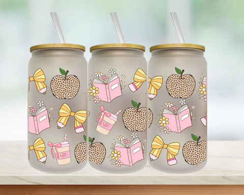 16oz UV DTF Wrap - School Leopard Apples & Bow Pencils