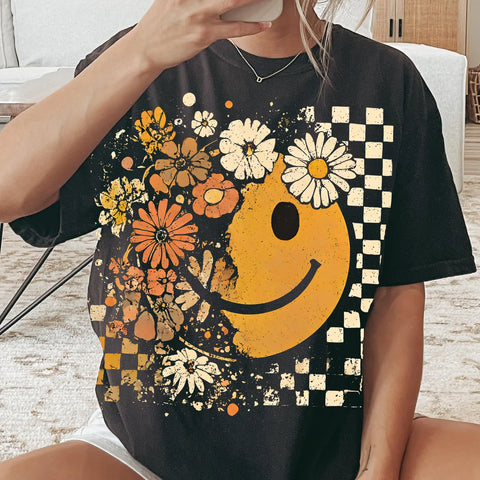 DTF Full Color Transfer - Retro Check Flower Smiley