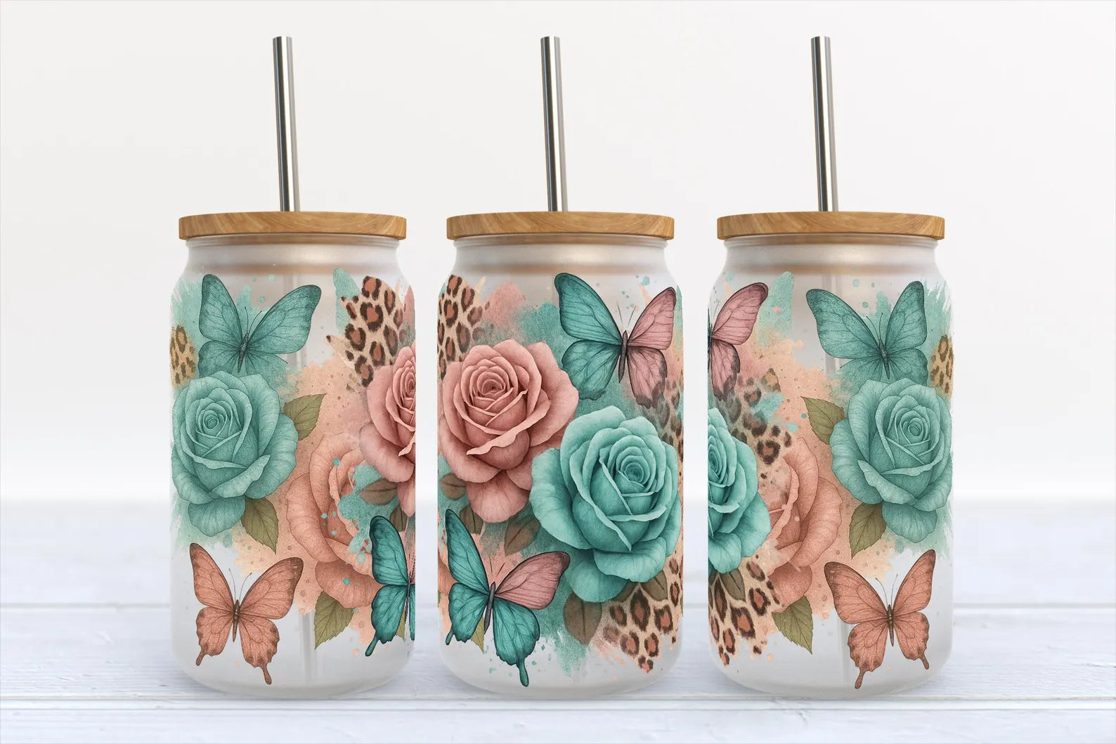 16oz UV DTF Wrap - Teal Rose & Butterfly