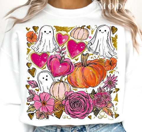DTF Full Color Transfer - Hand Drawn Pumpkin Ghost Roses
