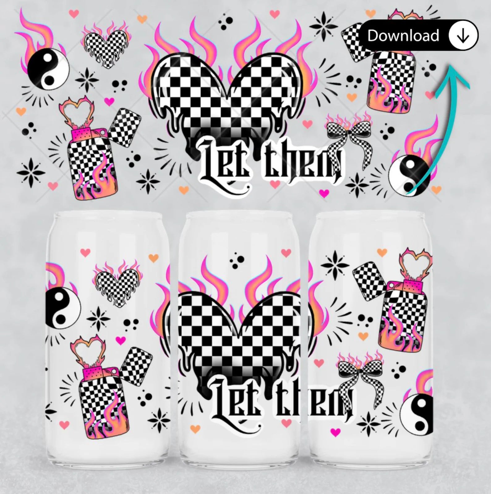 16oz UV DTF Wrap - Check Heart Hot Pink Flame
