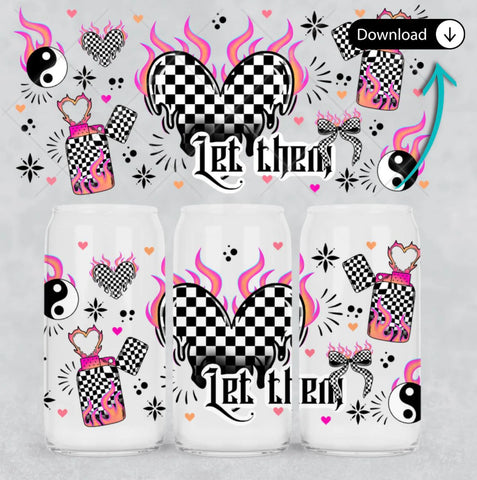 16oz UV DTF Wrap - Check Heart Hot Pink Flame