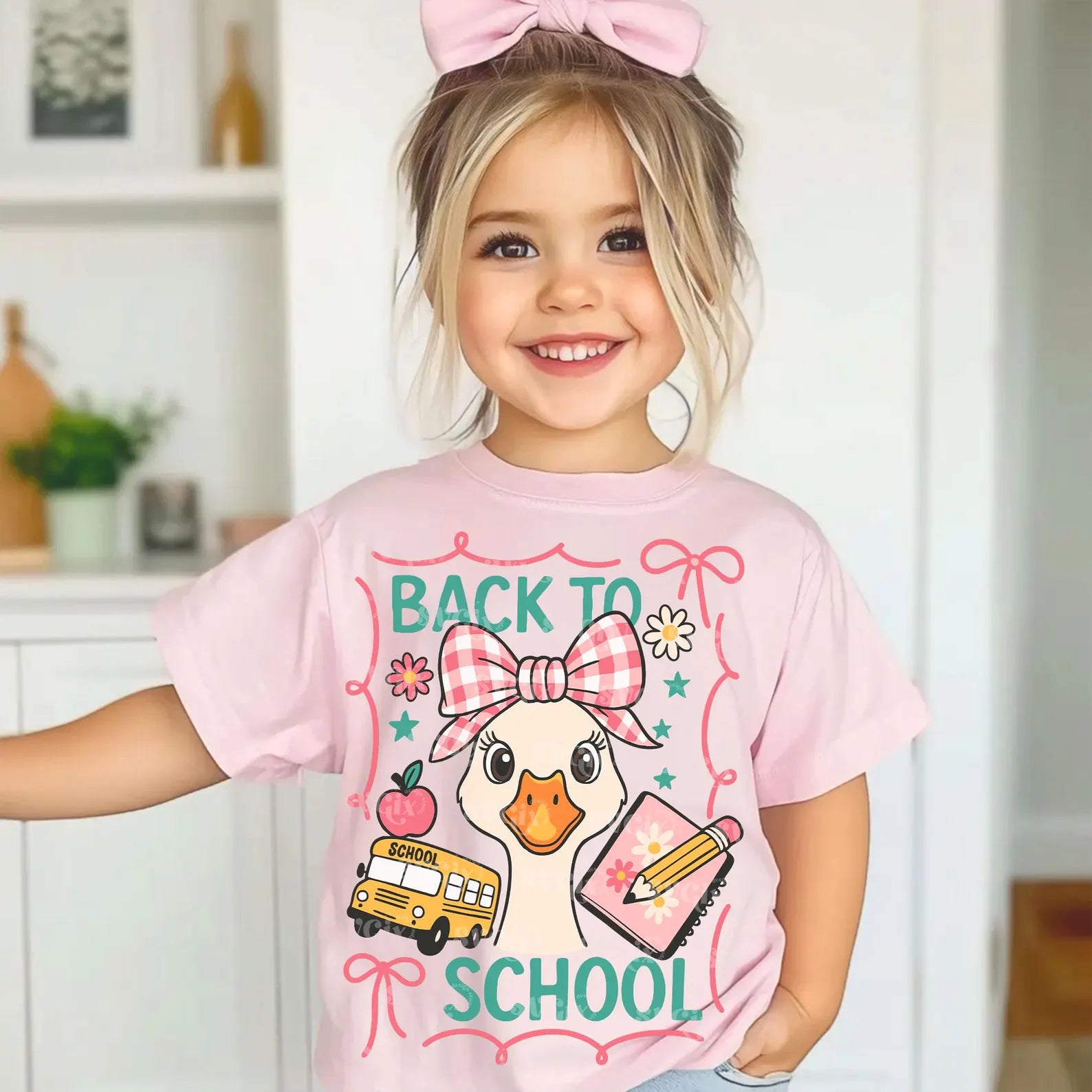 DTF Full Color Transfer - Back To School Goose Pink Gingham Bow