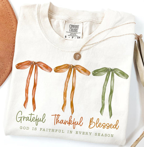 DTF Full Color Transfer - Grateful Thankful Blessed Skinny Bows