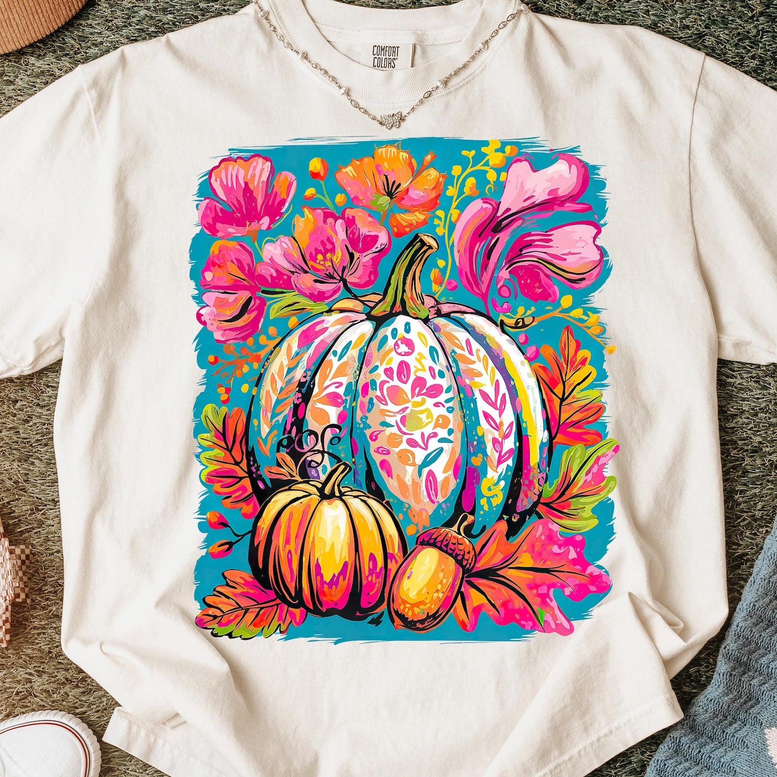 DTF Full Color Transfer - Boho Painted Floral Pumpin - Teal Background
