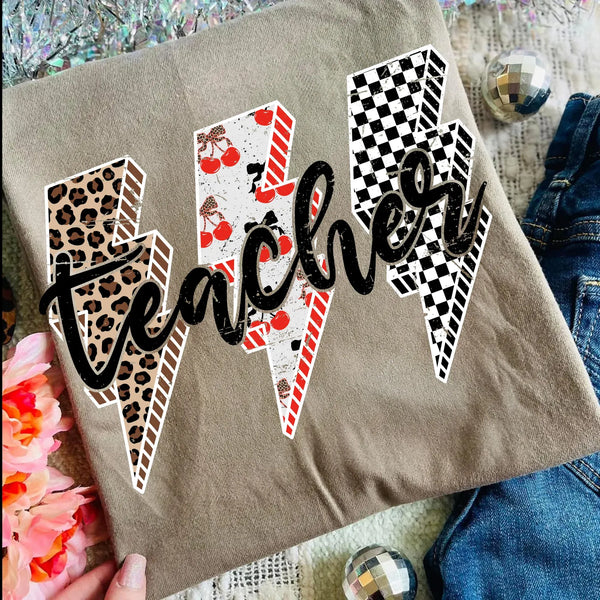 DTF Full Color Transfer - Leopard Cherry Check - Teacher (White or Black)