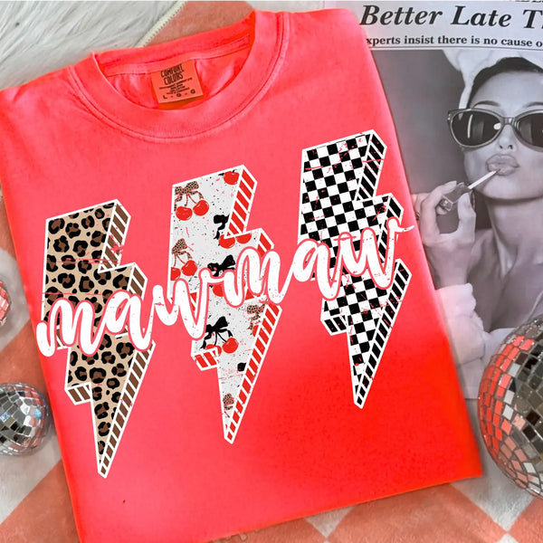 DTF Full Color Transfer - Leopard Cherry Check Mama/Mini/Aunt/Nana - White Font