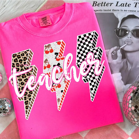 DTF Full Color Transfer - Leopard Cherry Check - Teacher (White or Black)