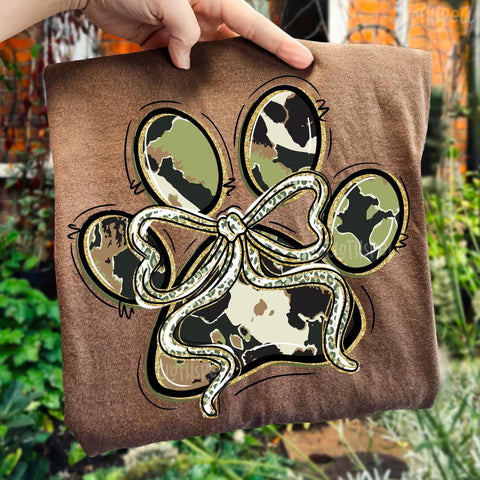 DTF Full Color TShirt Transfer - Camo Dog Print with Bow