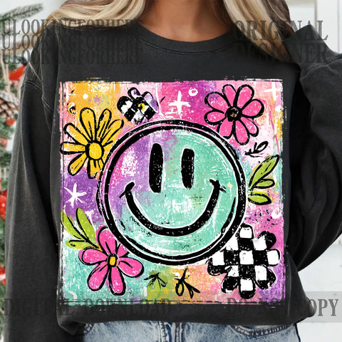 DTF Full Color TShirt Transfer - Bright Smiley Check Flower