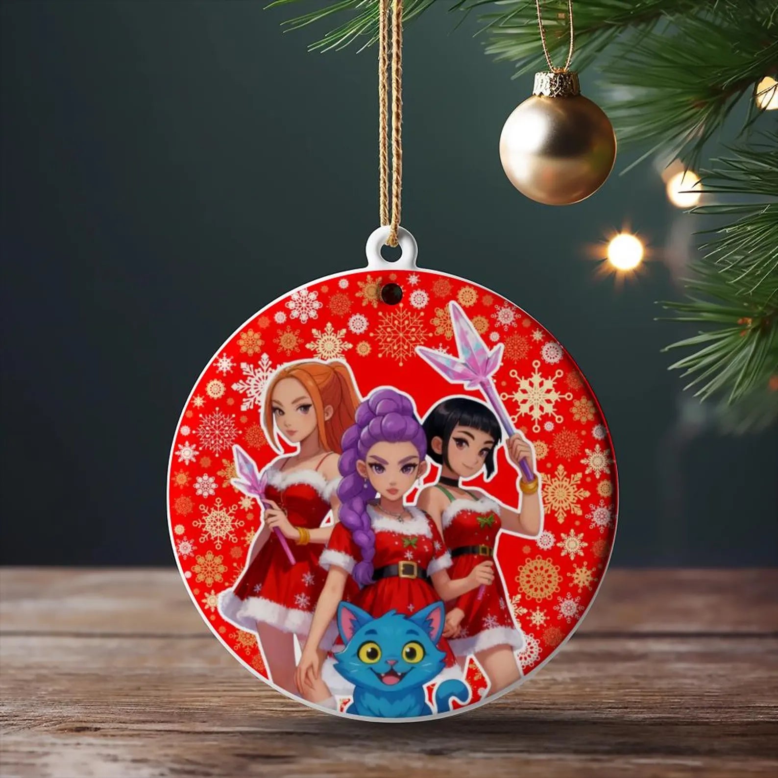 3" Ornament UV DTF Decal - KP Girls w/Blue Cat