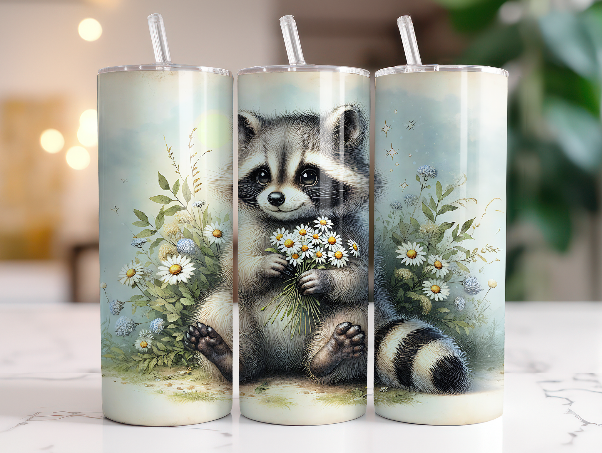 Skinny Tumbler Sublimation Wrap - Raccoon Daisies