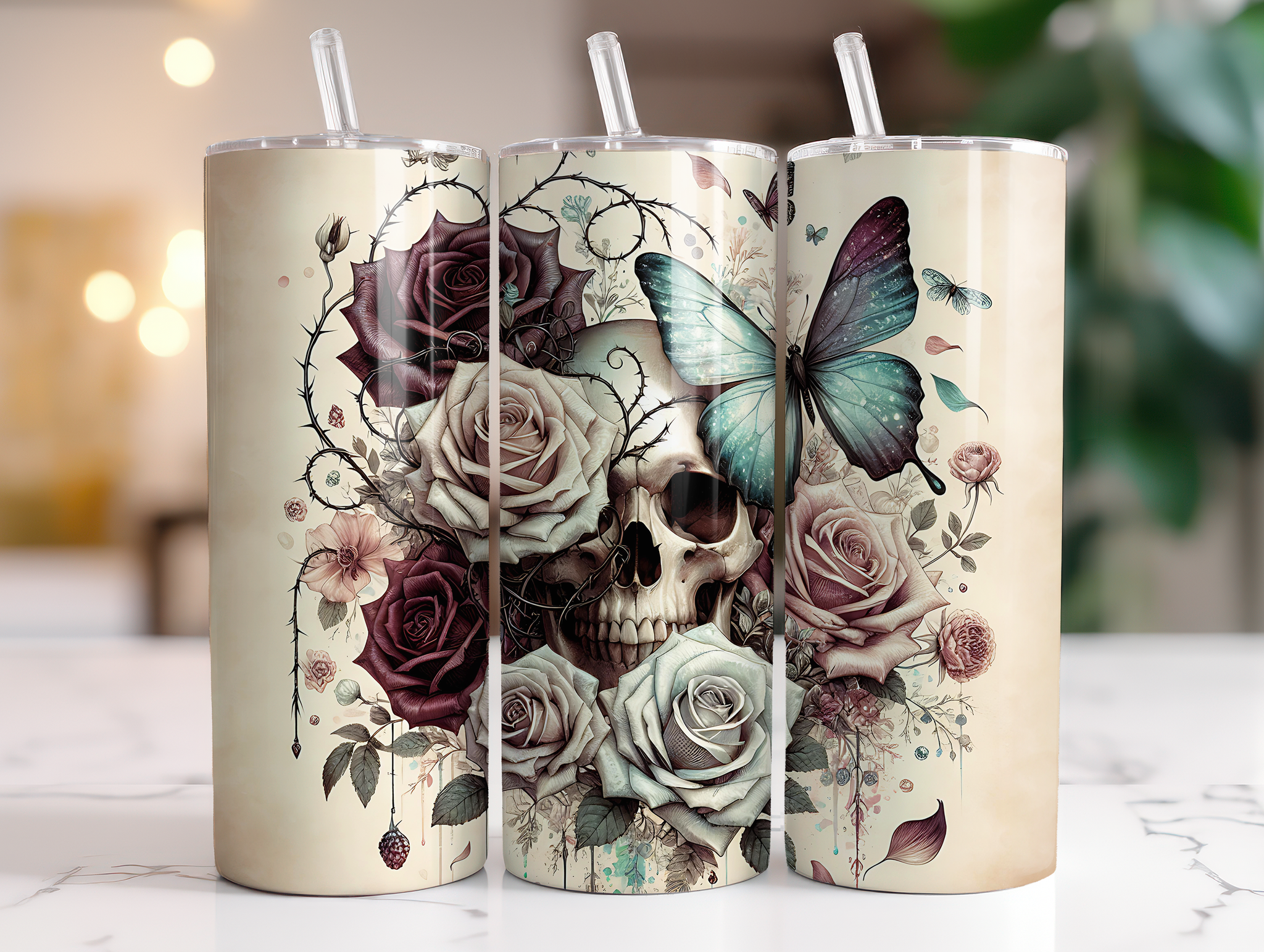 Skinny Tumbler Sublimation Wrap - Butterfly Skull Roses