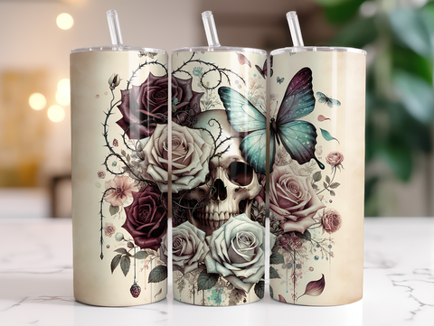 Skinny Tumbler Sublimation Wrap - Butterfly Skull Roses