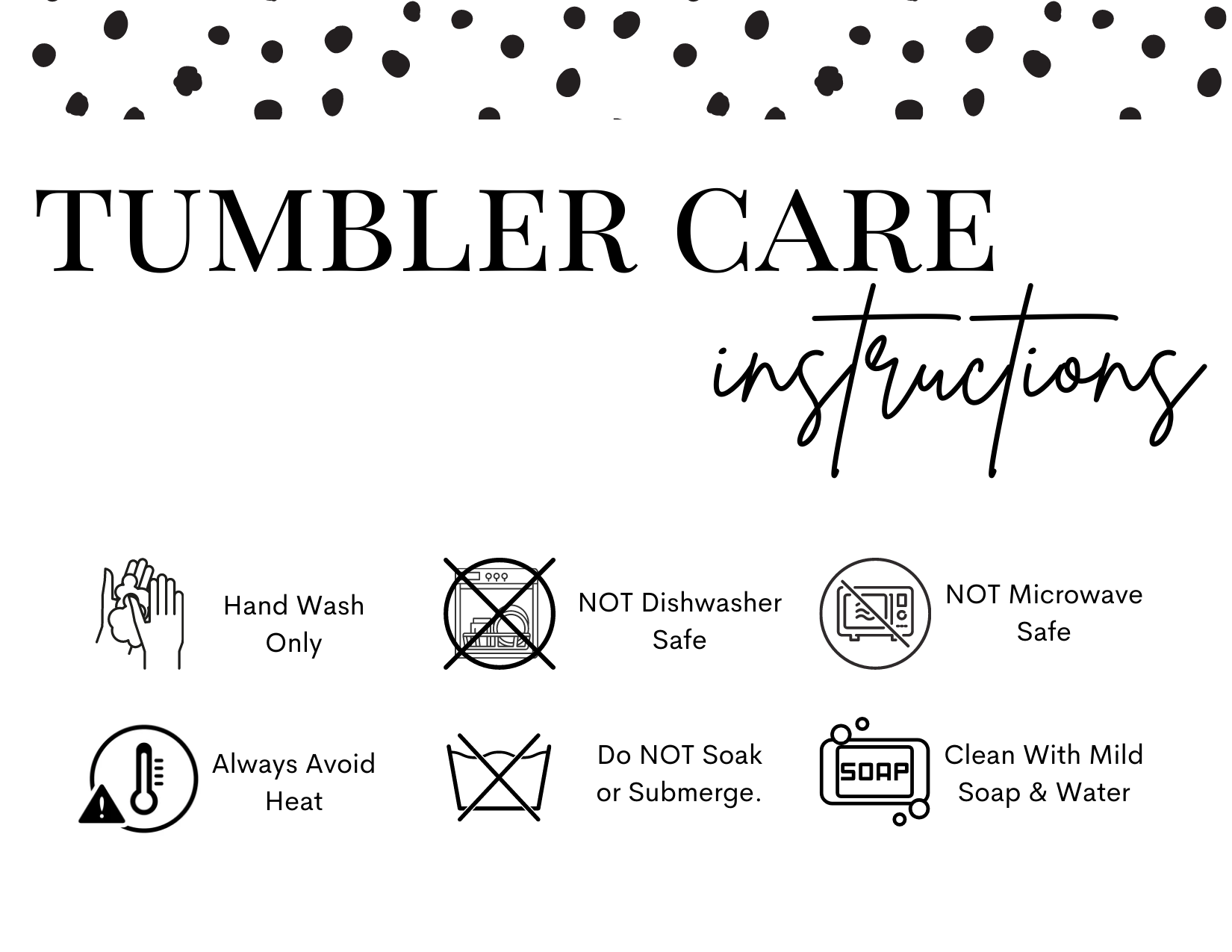 Tumbler Care Cards for Sublimation Tumblers - Black Polka Dot Wash Care Cards
